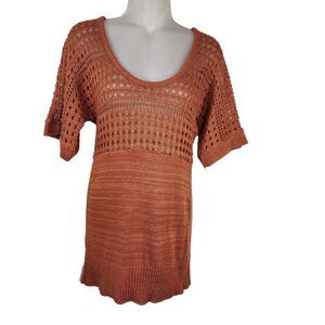 Studio Y Womens Tunic Sweater Medium Crochet Open Knit Short Sleeve Orange Scoop